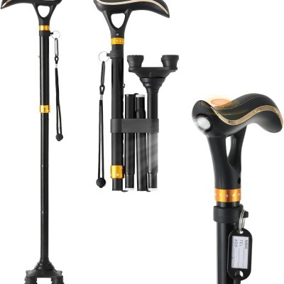 Smart Folding Walking Cane for Seniors – LED Light, Alarm, Adjustable, USB Rechargeable