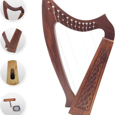 12-String Irish Celtic Harp, Rosewood, Nylon Strings, 18" Tall with Tuning Key