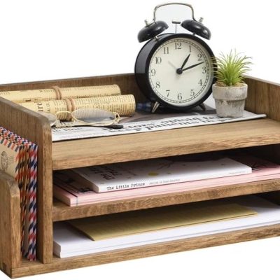 5-Tray Wood Desk Organizer, 3-Tier Mail Sorter, Document Holder, Dark Brown