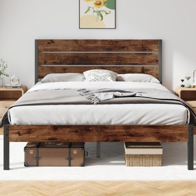 Queen Bed Frame with Headboard, Footboard & Under Bed Storage, Rustic Brown