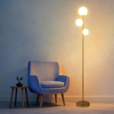 3-Globe Mid Century Floor Lamp, Gold with Frosted Glass & Warm LED Bulbs