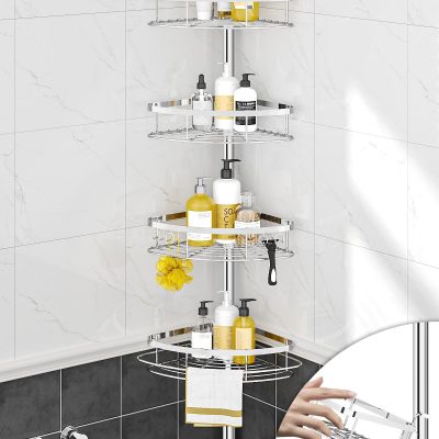 Rustproof Shower Corner Caddy, 4 Adjustable Shelves, Tension Pole for Bathroom Storage