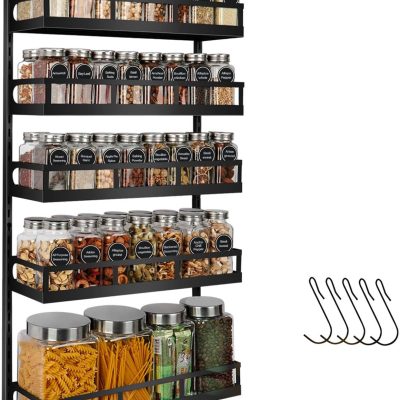 5-Tier Wall Mount Spice Rack, Adjustable Hanging Shelf with Hooks, Black