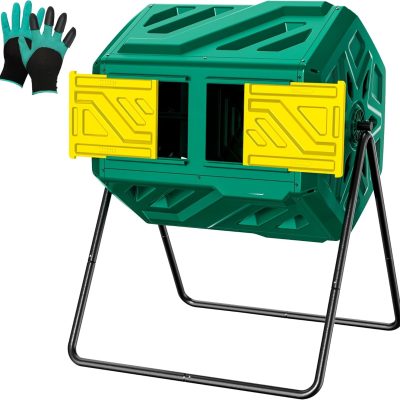 43 Gallon Dual Chamber Compost Tumbler, Heavy Duty Outdoor Rotating Composter, Green