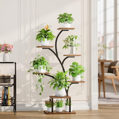7-Tier Indoor Plant Stand with Grow Lights, Corner Metal Flower Shelf, 49" Black