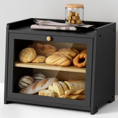 Black Wooden Bread Box, Large Kitchen Counter Storage for Homemade Bread