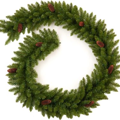 9FT Pre-Lit Green Christmas Garland with 50 Clear Lights & Pine Cones, Indoor/Outdoor Decor