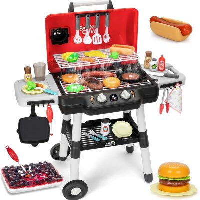 Kids BBQ Grill Playset Toy with Smoke, Sound & Lights, Outdoor Cooking Set for 3-5