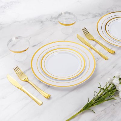 600-Piece Gold Disposable Party Plates & Dinnerware Set for 100 Guests