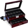20-Slot Wooden Watch Box with Glass Lid, Lockable 2-Tier Display Case for Men & Women