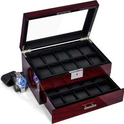 20-Slot Wooden Watch Box with Glass Lid, Lockable 2-Tier Display Case for Men & Women