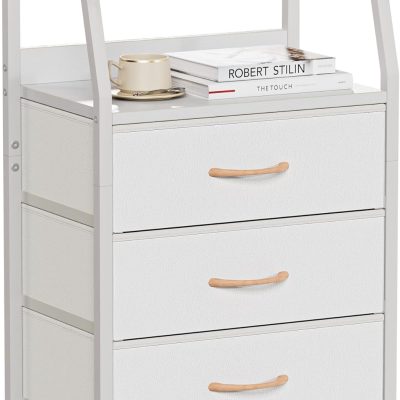 White 3-Drawer Nightstand with 2-Tier Shelf, Fabric Storage Organizer for Bedroom