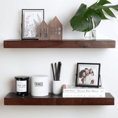 24" Walnut Floating Wall Shelves, Solid Wood, Dark Brown, Set of 2