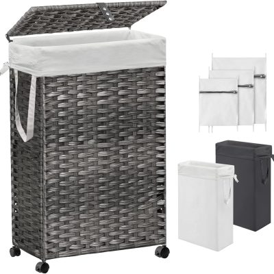 70L Slim Rolling Laundry Hamper with Lid, Wheels, 2 Liners & 3 Mesh Bags, Grey