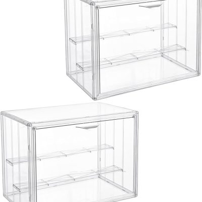 2-Pack Clear Acrylic Display Boxes, 3-Tier with Movable Plates & Magnetic Door, Stackable