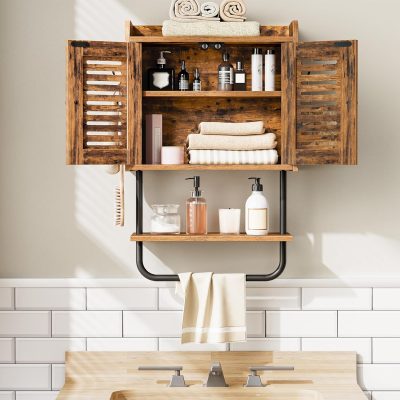 Bathroom Wall Cabinet, Double Door with Shelf, Hooks & Towel Bar, Rustic Brown