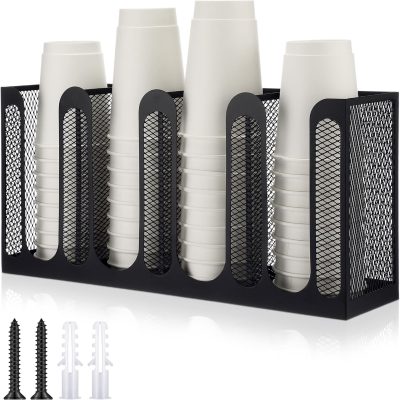 Metal Mesh Cup & Lid Holder, 4-Compartment Dispenser for Counter or Wall