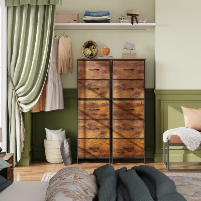 5-Drawer Fabric Dresser with Wood Top & Steel Frame, Rustic Brown, Bedroom Storage