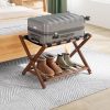 Walnut Luggage Rack, Foldable Bamboo Suitcase Stand with Shelf & 5 Straps
