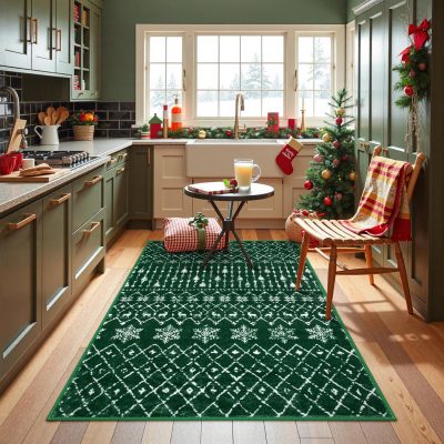 Christmas Washable Rug 3x5, Non-Slip Entryway Mat, Soft Xmas Area Rug, Green