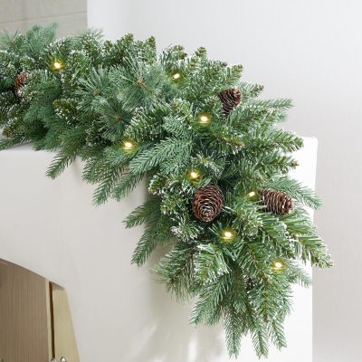 9FT Pre-Lit Christmas Garland with 50 White Lights, Indoor/Outdoor Mantle & Stair Decor