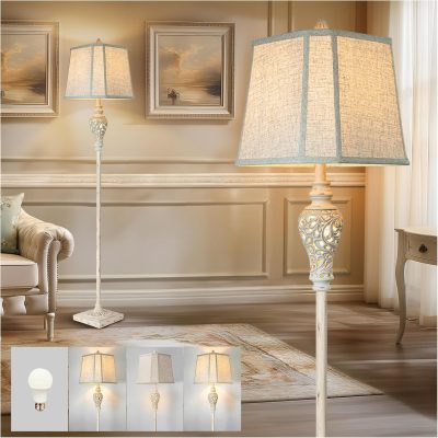 Rustic 65" Floor Lamp with Nightlight, Linen Shade Vintage Standing Lamp for Home