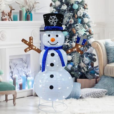 Outdoor Pop-Up Snowman, Prelit 100 Lights, Yard Christmas Decor, Blue Scarf