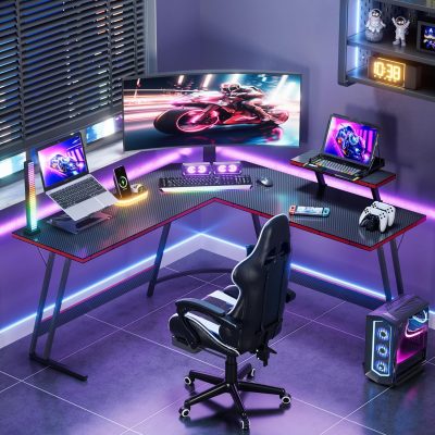 L-Shaped Gaming Desk with Monitor Riser, 51" Corner PC Desk for Home Office