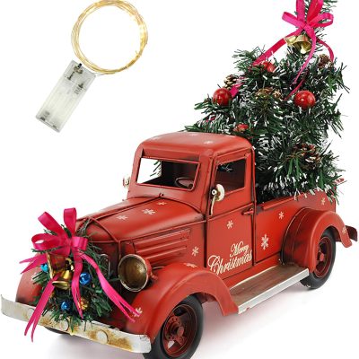 Red Metal Truck with Christmas Tree & Bell, Vintage Farmhouse Xmas Tabletop Decor 15"