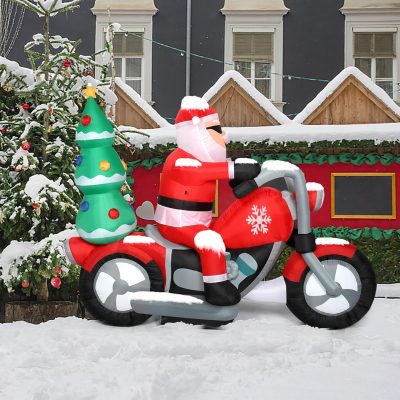 6FT Outdoor Christmas Inflatable, LED Santa Riding Motorcycle with Tree, Yard Decor