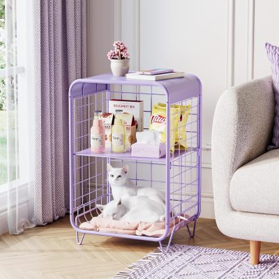 Cute Kids Nightstand, 3-Tier Metal Side Table, Vintage Purple End Table with Storage