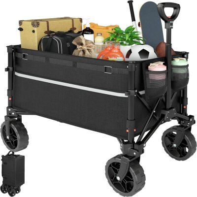 Collapsible Wagon Cart, Foldable Heavy-Duty Utility Wagon for Grocery, Sports, Camping, 120L, Black
