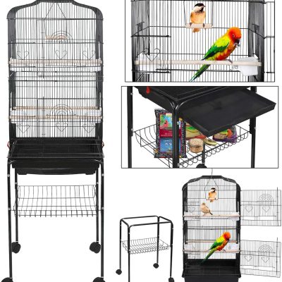59.3" Rolling Wrought Iron Bird Cage with Stand for Parakeets, Cockatiels & Small Birds