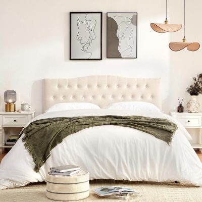 Queen Tufted Upholstered Headboard, Solid Wood, Adjustable 37"-51", Beige