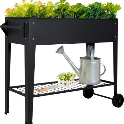 32" Raised Garden Bed with Wheels & Shelf, 400LB Steel Planter for Outdoors