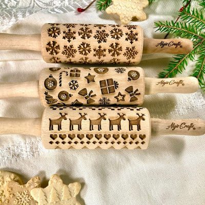 Christmas 3-Piece Mini Embossed Rolling Pin Set, Laser Engraved with Snowflakes & More