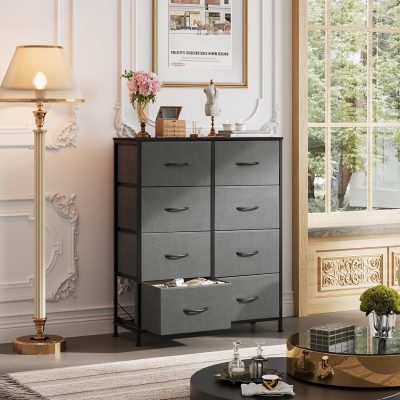 8-Drawer Fabric Dresser with Bins, Tall Storage Tower, Dark Gray, Bedroom/Closet